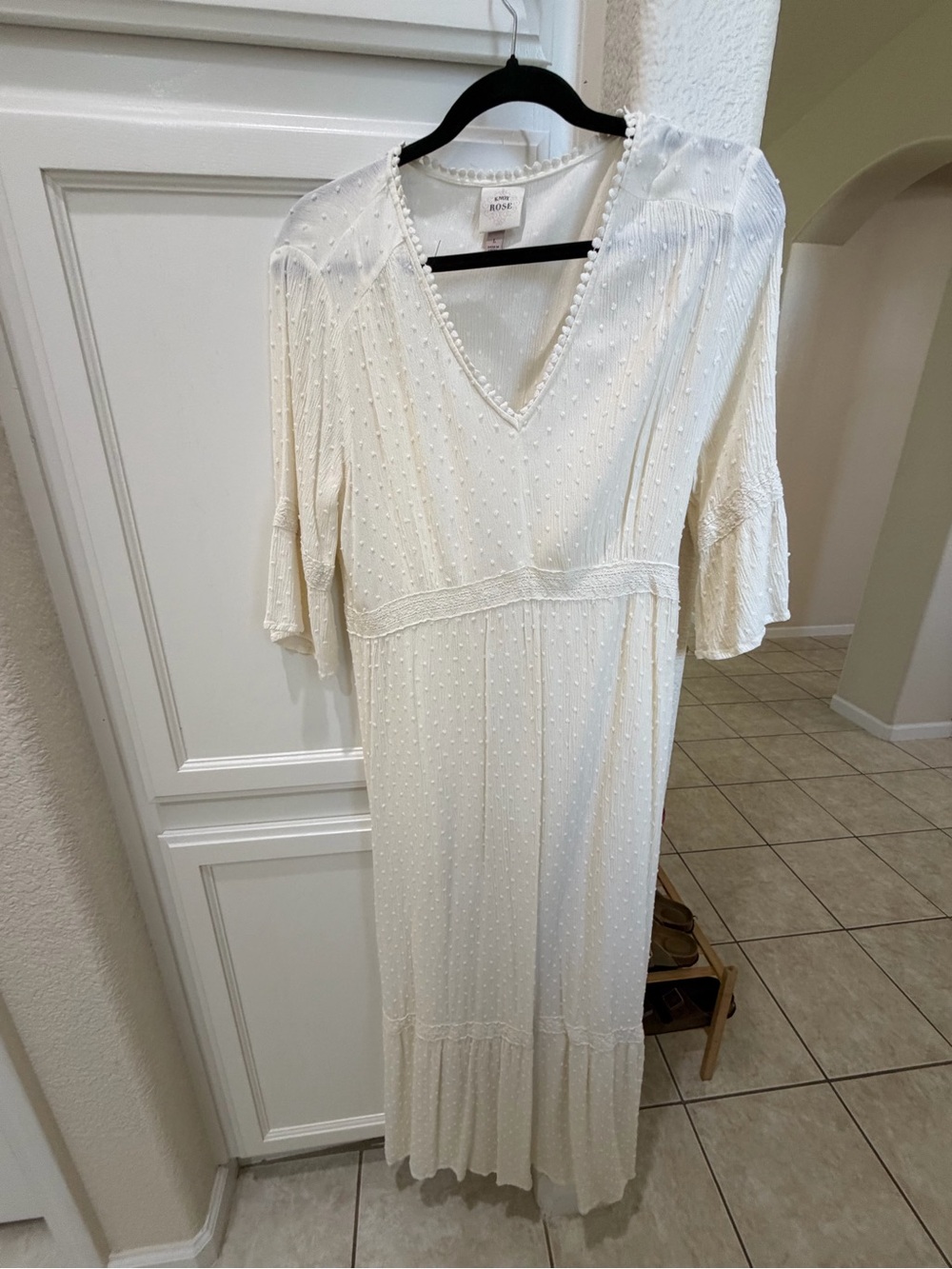 Elegant Ivory V-Neck Midi Dress with Textured Dot Detail